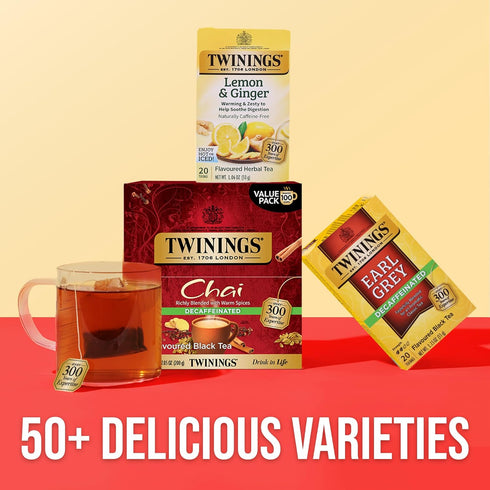 100 Count (Pack 1), 100 Twinings Decaffeinated Chai Individually Wrapped Bags, of Sweet, Savoury Spices, Enjoy Hot