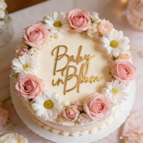 lvbeybc Gold Baby in Bloom Cake Topper,Baby Shower Cake Sign,Pregnancy Reveal,Acrylic Baby shower Cake Side