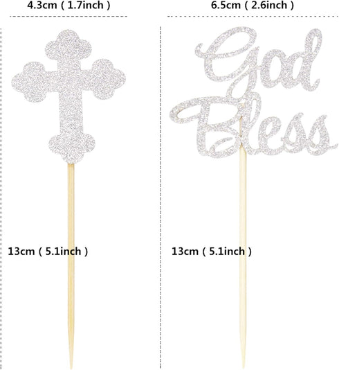 Ercadio 24 PCS Silver Glitter God Bless and Baptism Cupcake Toppers, Cross Cupcake Picks, Christian Party Supplies