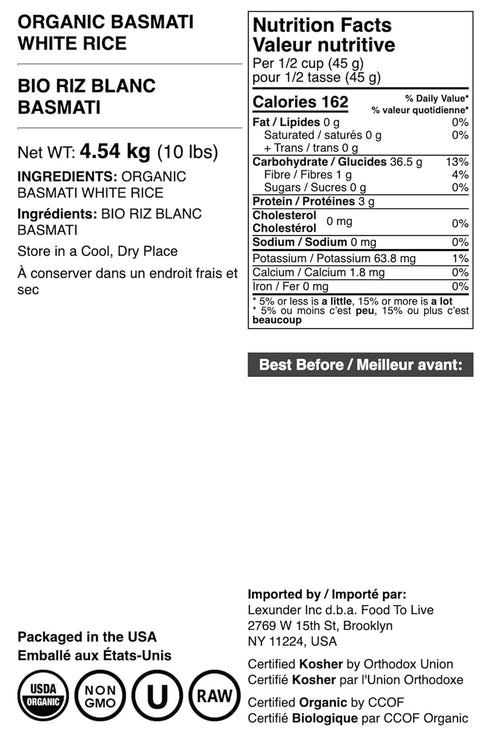 10 Food to Live Organic White Basmati Rice, Pounds Non-GMO, Long-Grain Rice Variety, Fragrant, Kosher, Vegan, Bulk.