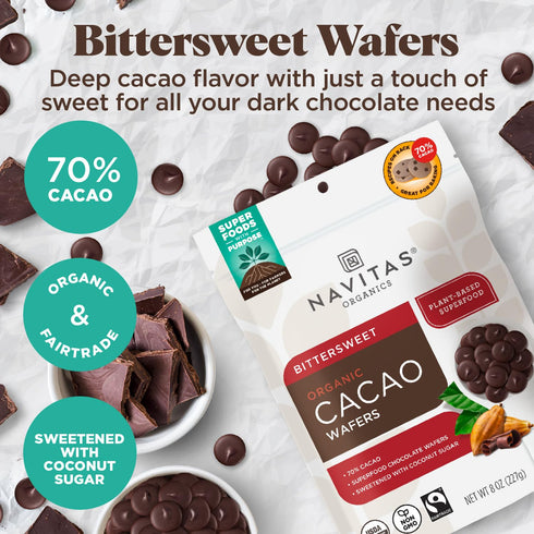 8oz Navitas Organics Organic Bittersweet Cacao Wafers, Organic, Fairtrade, Non-GMO, Gluten-Free