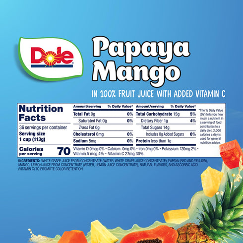 100% 4oz 36 Dole Papaya Mango In Fruit Juice Snacks, Total Cups, Gluten & Dairy Free, Bulk Lunch Snacks for Kids