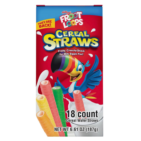 2025 90's Pack 2, 36 Kellogg's Cereal Straws Froot Loops Edible Breakfast Straw Alternatives for Milk, Childhood