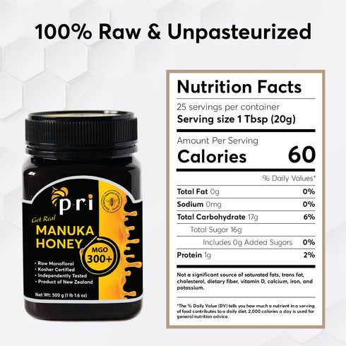 300+, 100% (500g/1.1lb) P.R.I Manuka Honey MGO ElevatedPotency Monofloral New Zealand Honey, CoolProcessed & Traceable