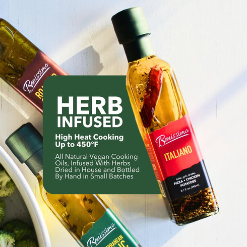 Pack 4 Set, 8.1 oz Benissimo Herb Infused Cooking Oil Chef Artisan Flavored Oils: Italiano, Roasted Garlic