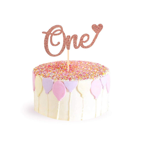 Unimall Letter 'One' Heart Cake Topper for 1st Birthday, Rose Gold Glitter Cake Decorating Supplies