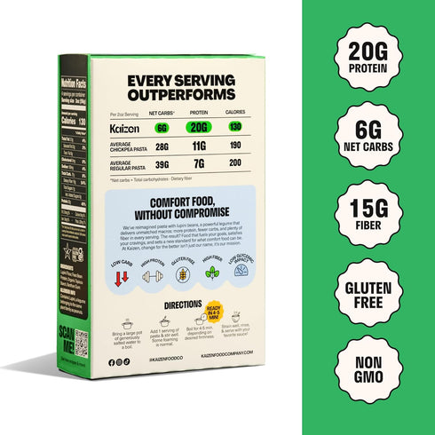20g (6g 8 Pack 3 Kaizen Cavatappi Protein Pasta, Protein, Low Carb Net Carbs), Keto-Friendly, Gluten-Free, Plant-Based