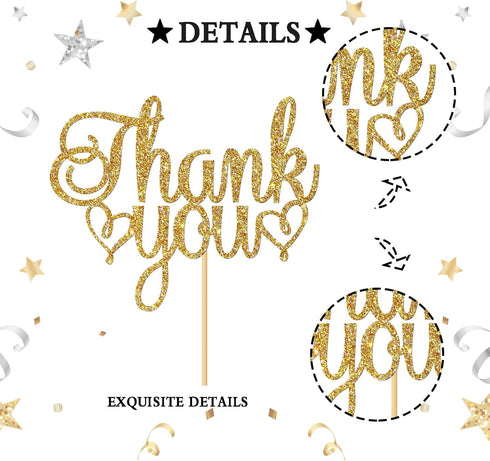 Thank You Cake Topper, Gold Glitter, Engaged, Wedding, Bridal Shower, Thanksgiving Day Party Decorations