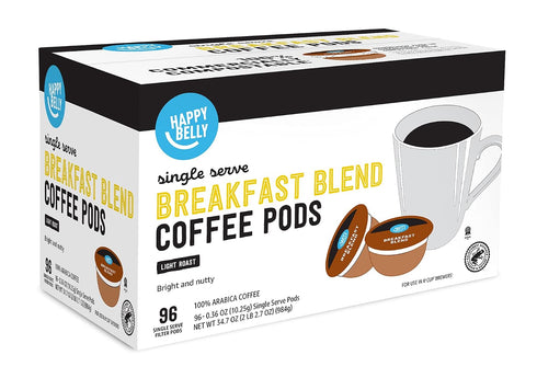 96 Count Amazon Brand - Happy Belly Breakfast Blend Compostable Coffee Pods, Light Roast, Compatible with K-Cup Brewer