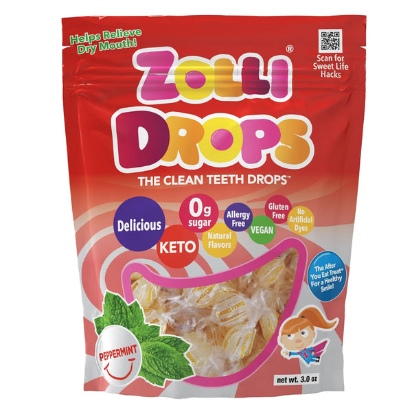 Zollipops Drops Peppermint Vegan 3oz - Dental-Friendly Treats with Xylitol for Fresh Breath