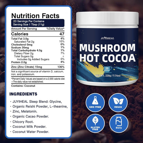 (20 JUYIHEAL Mushroom Hot Cocoa Powder with Melatonin, Reishi, Glycine, Cacao, L-Theanine, Chicory for Calm and Relax