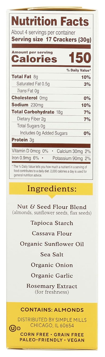 4.25 (Pack 1) Simple Mills Almond Flour Crackers, Fine Ground Sea Salt - Gluten Free, Vegan, Healthy Snacks, Ounce