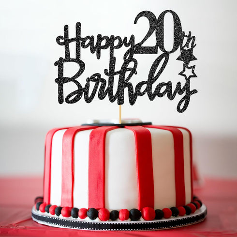 Black Glitter Happy 20th Birthday Cake Topper, Cheers to 20 Years Party Decorations