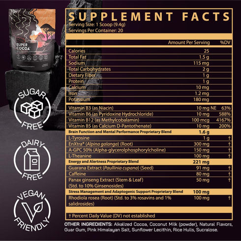 Super Cocoa Coffee Alternative Hot Chocolate Mix - Nootropics Brain Support Supplement for Memory & Focus - Mushroom