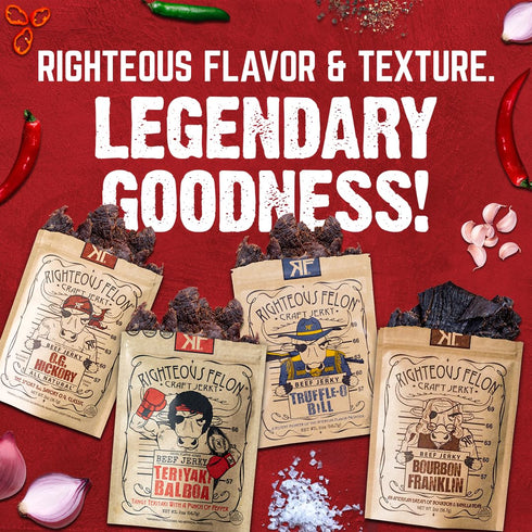 Righteous Felon Beef Jerky - All-Natural Locally Sourced & Dried Low-Sugar Healthy Snacks (Sampler Pack)
