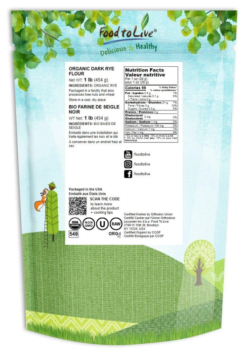 1 Food to Live Organic Dark Rye Flour, Pound Whole Grain, Non-GMO, Stone Ground, Kosher, Raw, Vegan, Bulk, Great