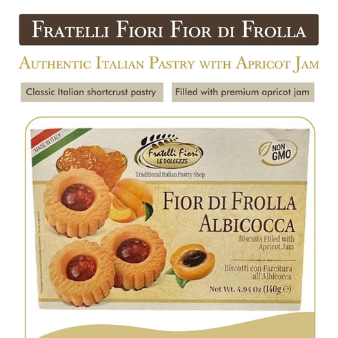 Fratelli Fiori Albicocca 140g Fior di Frolla Jam Cookies - Italian Cookies Filled with Real Apricot Jam - Healthy