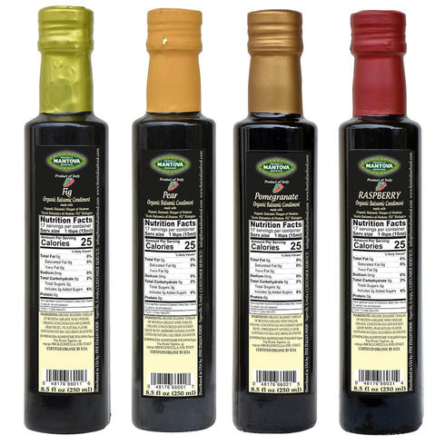 4-Variety Pack: 8.5 oz Mantova Organic Flavored Balsamic Vinegar of Modena Fig, Pear, Pomegranate, & Raspberry; Perfect