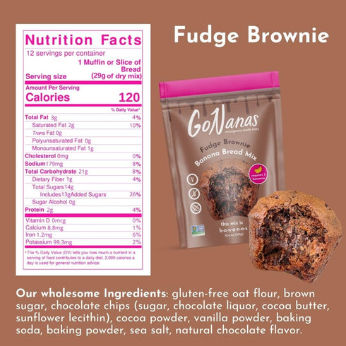 GoNanas Fudge Brownie Oat Flour Banana Bread Mix, Gluten Free Vegan Snack, 1pk