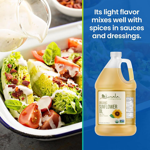 128 oz, 1 Kevala Organic Sunflower Oil - Oil Rich in Vitamin E for Cooking and Body Care, Great Ingredient for a Salad