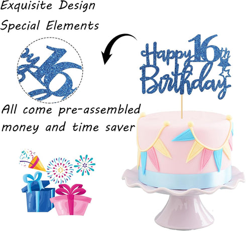 Royal Blue Glitter Happy 16th Birthday Cake Topper, Cheers to 16 Years Party Supplies, 16th Birthday Decorations