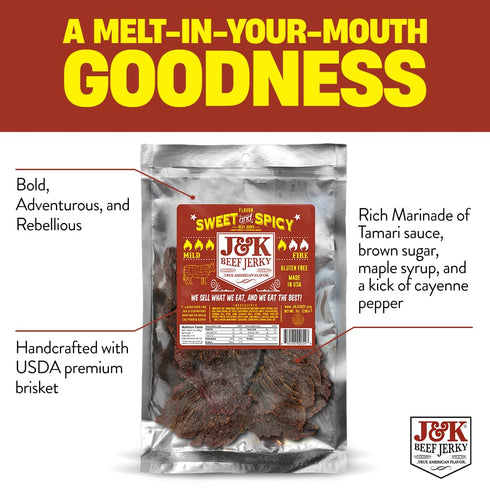 7oz J&K Sweet and Spicy Beef Jerky - Hand Crafted Small Batch American Made Slab Beef Jerky - Bold & Flavorful Snack!