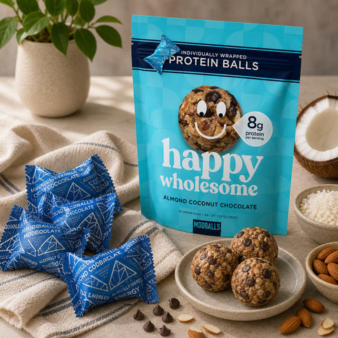 10 Count, 7.05oz 8g Happy Wholesome Almond Coconut Chocolate Protein Balls, Bag, Protein per Serving, Individually
