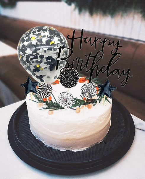 Black Happy Birthday Cake Topper Set, 11 PCS Acrylic Topper, Confetti Balloon, Cool Stars, Cupcake Picks for Dad Man