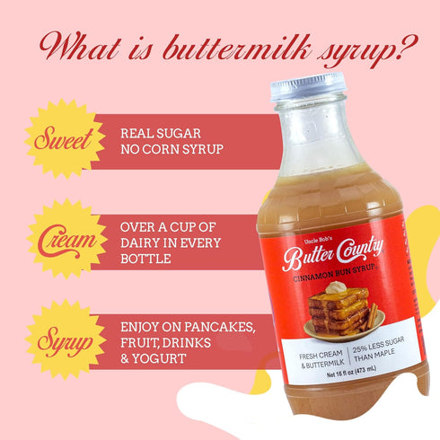 Country 16 oz Bottle/4 Pack Uncle Bob's Butter Rich & Creamy Cinnamon Bun Flavored Buttermilk Syrup for Pancakes