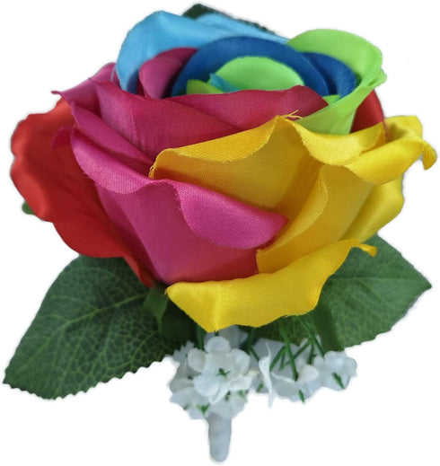 Silk Rainbow Rose Flowers Bouquet Boutuniere (Boutonniere)