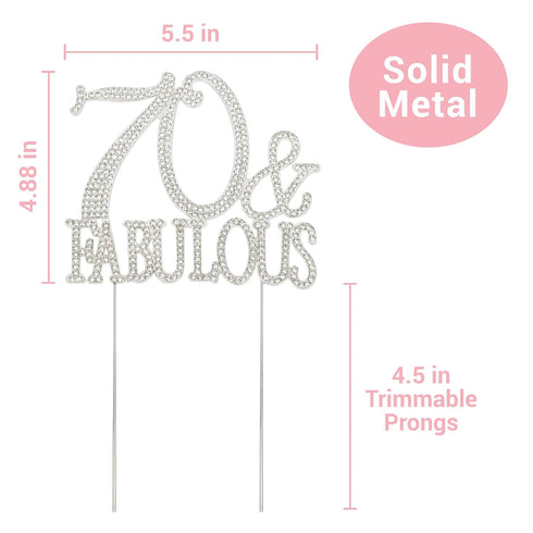70th Birthday Party Cake Topper - Premium Silver Metal, Sparkly Rhinestone Decoration, 70 and Fabulous, Great