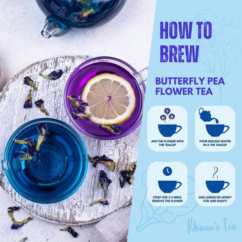 3.53 oz (100g) KHWAN'S TEA Organic Dried Butterfly Pea Flowers Blue Tea Clitoria Ternatea Flower Herbal Tea, Caffeine