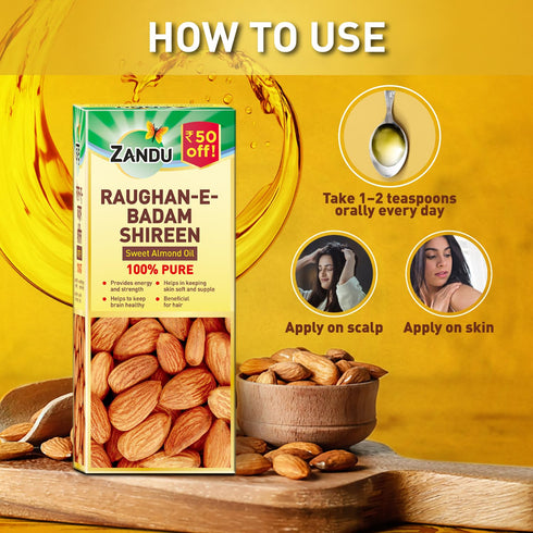 Zandu 3.38 Oz 100 ML Roghan Badam Shirin | Pure Sweet Almond Oil for Skin & Hair | Cold-Pressed, Non-Greasy