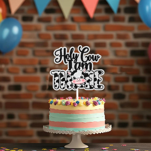 LIANGSS Holy Cow I'm Three Cake Topper Kids Happy Birthday Cute Dairy Cow Decoration, Boys and Girls Birthday Party