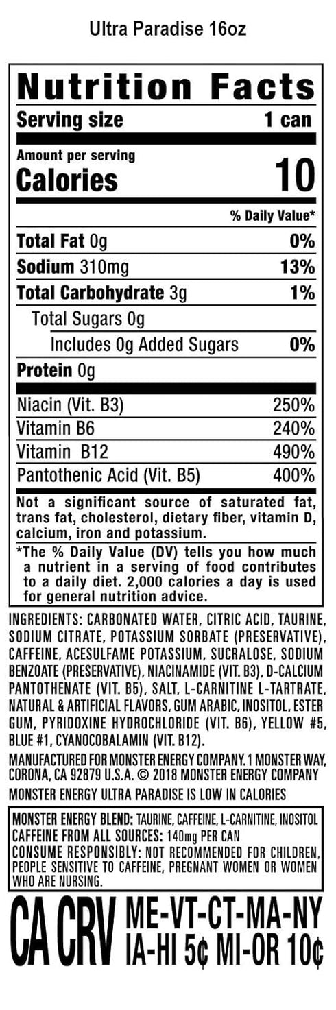16 (Pack 12) Monster Energy Ultra Paradise, Sugar Free Energy Drink, Ounce