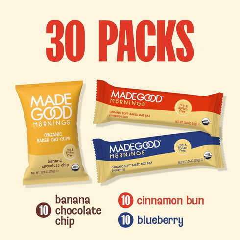 Pack (30 count) MadeGood Mornings Soft-Baked Oat Bars & Oat Cups Variety