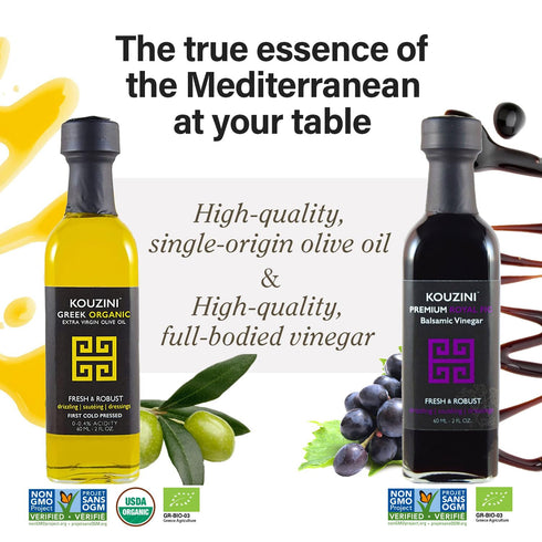 Pack 3 2 60 ml, Pack 5 Kouzini Variety Gift - Greek Extra Virgin Olive Oil and Balsamic Vinegar, Balsamic Vinegars