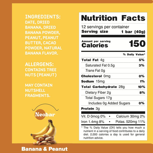 12 Count NEOBAR Banana Peanut Fruit and Nut Bars - Plant-Based Vegan Snack Bars, Gluten Free Dairy Free Snacks, No