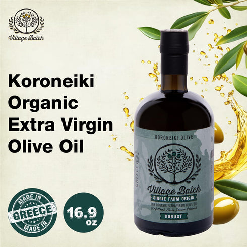 16.9oz (Pack 1) Village Batch Koroneiki Organic Extra Virgin Olive Oil of Cold Pressed and Unfiltered EVOO, Early