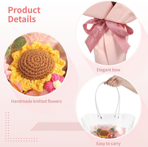 wkao 12.5 Gift Bouquet: Knitted Crochet Flowers, Sunflower, Rose, Carnation, Handmade
