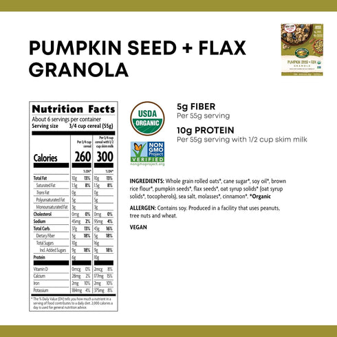11.5 (Pack 5), 6g Nature's Path Organic Pumpkin Seed and Flax Granola, Ounce of Non-GMO, Heart Healthy, High Fiber