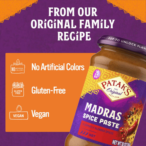 11 10 oz 2-Pack Patak's Madras Spice Paste, Hot Indian Curry with Expertly Blended Spices, No Artificial Colors