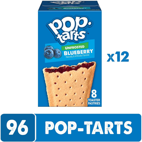 10.15lb (96 Count) Pop-Tarts Toaster Pastries, Breakfast Food and Kids Snacks, Unfrosted Blueberry, Case