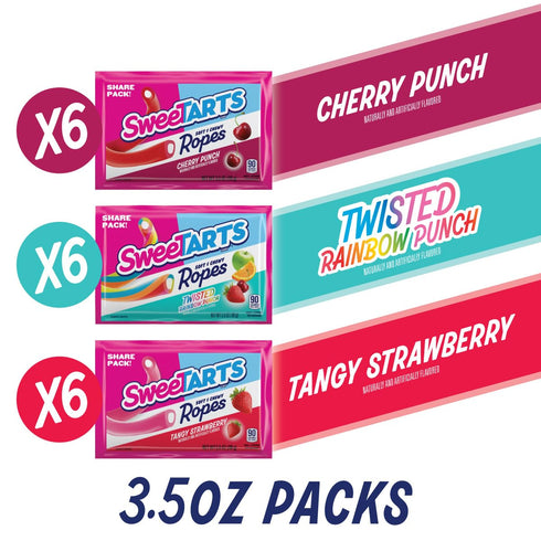 18 3.5oz Packs, 63 oz SweeTARTS Ropes Candy, Variety Box, Soft and Chewy, Individually Wrapped