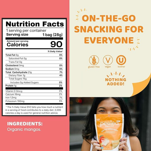1 Oz (Pack 24) Peeled Snacks Organic Dried Fruit Healthy, Vegan Snacks for On-the-Go Lunch and More Mango