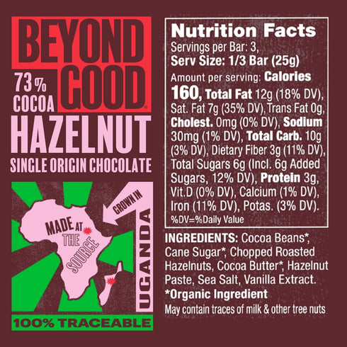 73% 6 Pack Beyond Good Cocoa Dark Chocolate with Hazelnuts | - Chocolate Bars | Direct Trade, Vegan, Kosher, Non-GMO |