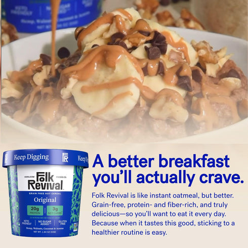 20g 3g 6 Folk Revival Original Keto Instant 'Oatmeal' - Protein, Net Carbs, High Fiber, Non GMO, Gluten Free, Made