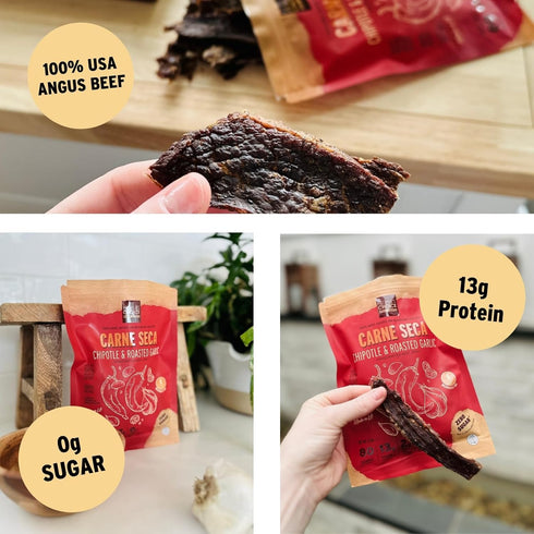 16 oz People's Choice Beef Jerky Carne Seca - Sugar Free, Keto, Zero Carb, High Protein - Chipotle & Roasted Garlic