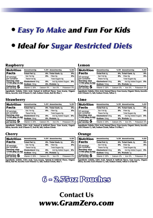 6-Pack, GramZero Variety (Raspberry, Strawberry, Cherry, Lemon, Lime, Orange) Sugar Free Gelatin Mix Zero Carb Dessert