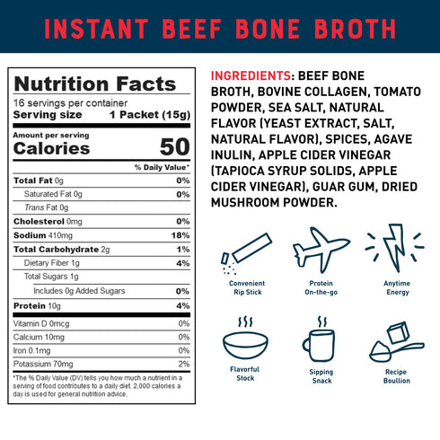 Packets 5g 10g 16 Pack Bare Bones Beef Bone Broth Instant Powdered Mix | Collagen | Protein | Keto & Paleo Friendly |